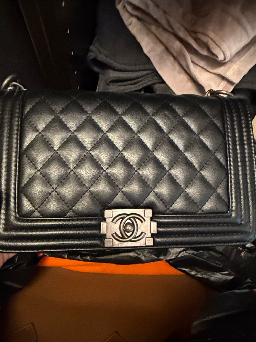 Black Quilted Leather Shoulder Bag with Silver Hardware